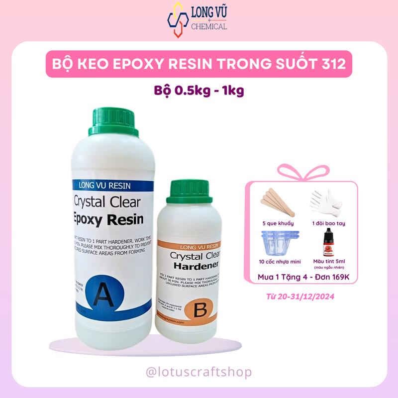 Keo Epoxy Resin Trong Suốt 312, Chuyên Làm Mặt Bàn, Làm Khuôn, Làm Đồ Handmade, Crafts, Kháng UV, Đổ Khuôn Silicone (Bộ 0.5kg, 1kg) - Lotus Craft Shop x Long Vu Chemical [0005]