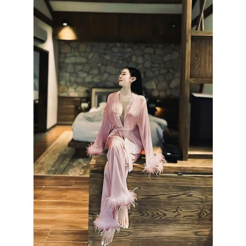 Đồ bộ mặc Pijama nữ nhà Osexy đính lông kiểu dáng kimono kèm dây cột tiện dụng hợp thời trang 1