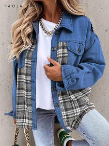 Women's Plaid Patchwork Print Button Front Denim Jacket, Casual Drop Shoulder Long Sleeve Collared Outerwear for Daily Wear, Ladies Clothes for All Seasons