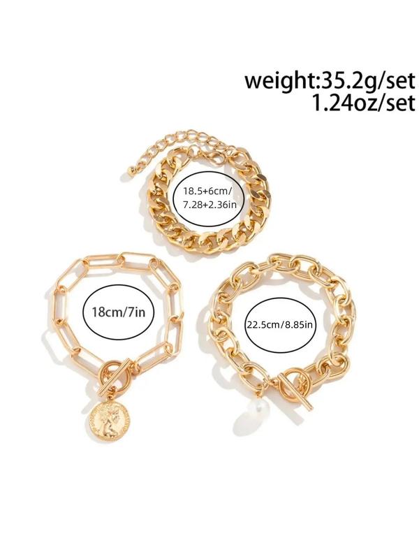 Vintage Chain & Faux Pearl Design Link Bracelet (3pcs), Fashion Punk Chunky Chain Bracelet for Party, Daily Clothing Decor, Trendy All-match & Exquisite Maximalist Jewelry for Birthday Gift 1