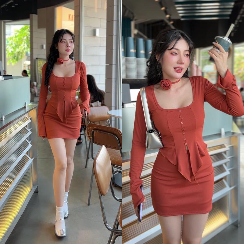 Product Introduction of Set Áo Xẻ Tà Tay Loe Kèm Chân Váy Có Quần Trong Chất Thun Gân Trung Co Giãn Tốt Tặng Kèm Dây Hoa Dành Cho Nữ - Top Hà Dương Store 10
