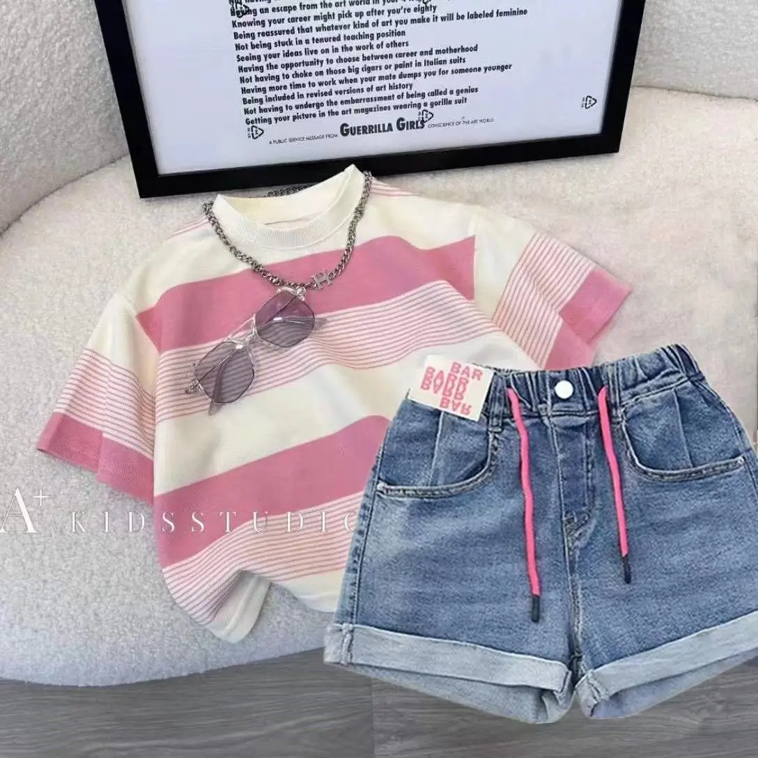 Bộ Đồ Ngắn Tay Cho Bé Gái, Phong Cách Hàn Quốc, Áo Phông Cầu Vồng, Quần Đùi Denim Hai Mảnh, Quần Trẻ Em Mới, Quần Hot, Mùa Hè Heo