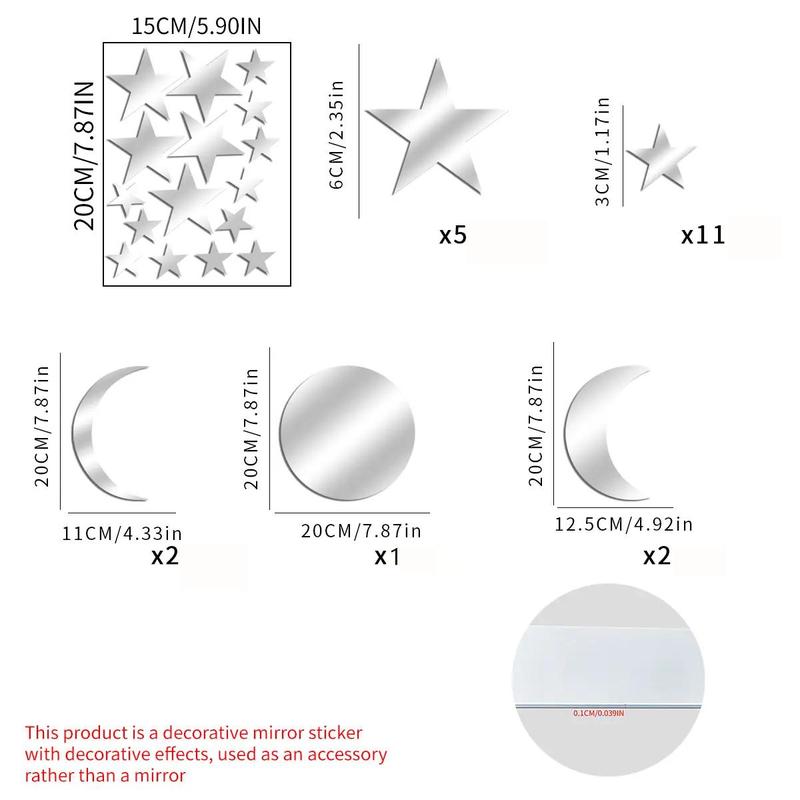 Star & Moon Pattern Mirror Decorative Wall Tiles Sticker, 1 Set Self Adhesive Wall Decor, Decor Sticker for Home Bedroom Living Room 1