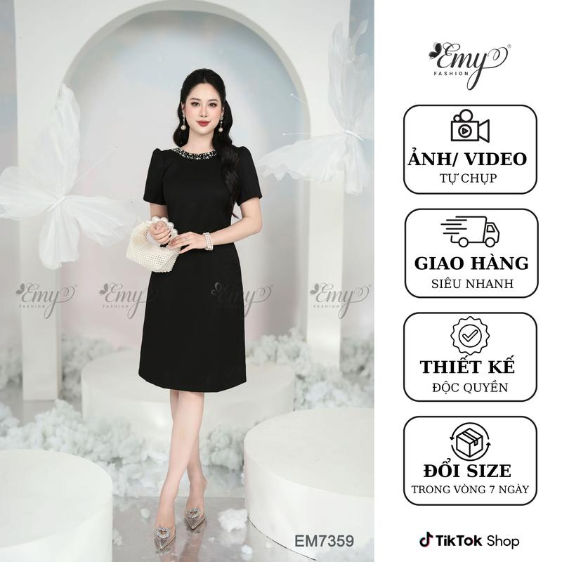 Đầm Suông Dự Tiệc EMY EM7359 Váy Đen Vải Linen Gân Sang Trọng, Thanh Lịch, Nhiều Size, Nữ Voi Thiết Kế Màu Sắc Tinh Tế