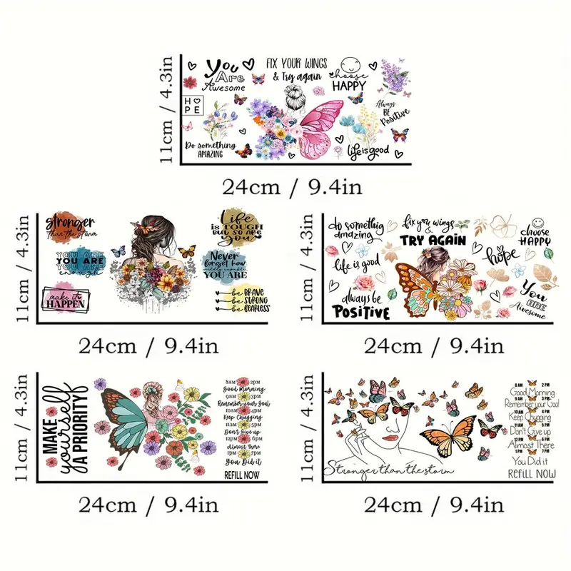 Butterfly Pattern UV DTF Transfer Sticker, 5 Counts/set DIY Sticker for Glass Bottle, Glass Cup Decorative Transfer Decal 1