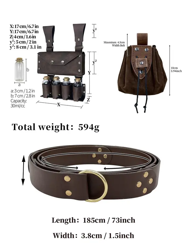 Vintage Medieval Dress Costume Rivet & Grommet Eyelet Decor Belt & Belt Bag & Pouch Set, Medieval Alchemy Belt Set for Party, Cosplay 1