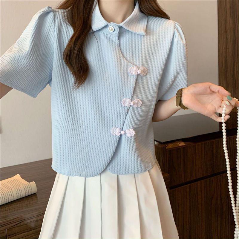Product Introduction of Cheongsam Button Polo Collar Short-Sleeved Shirt Women's Summer 2025 New Design Sense Niche High-Grade Short Shirt Fashion Top Womenswear Blouse Lingerie Casual Comfort Basic Collared Minimalist 17