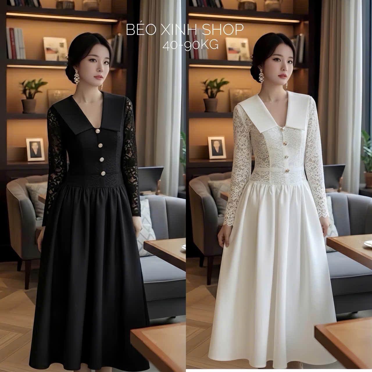 Váy Dự Tiệc Tay Dài Cổ V Phối Cúc Tiểu Thư (Vải Ren Hoa 2 Lớp) Chân váy vải Chéo Cao Cấp Bigsize Từ 40 - 90Kg - A.1672
