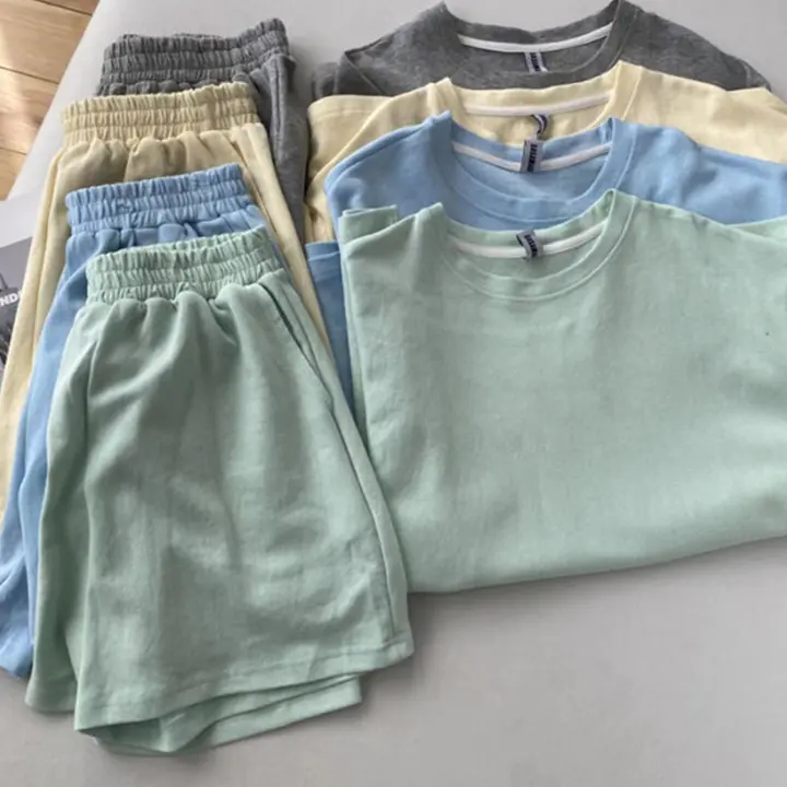 ชุดเซ็ตเสื้อแขนสั้่น ชุดเซ็ท2ชิ้น  คอกลม+กางเกงขาสั้นสีพื้น  สีพาสเทล น่ารักมากๆ Clothing Man ผู้ชาย