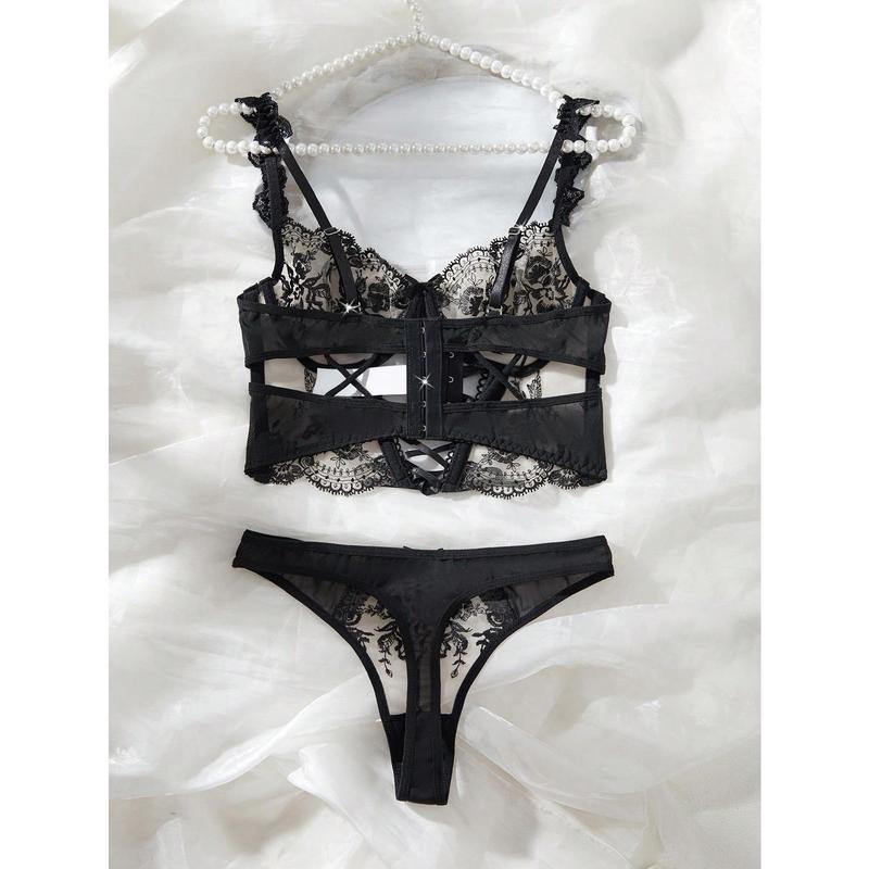 2pcs/Set Women Mesh Contrast Minimalist Sexy See-Through Embroidery Outfit 1