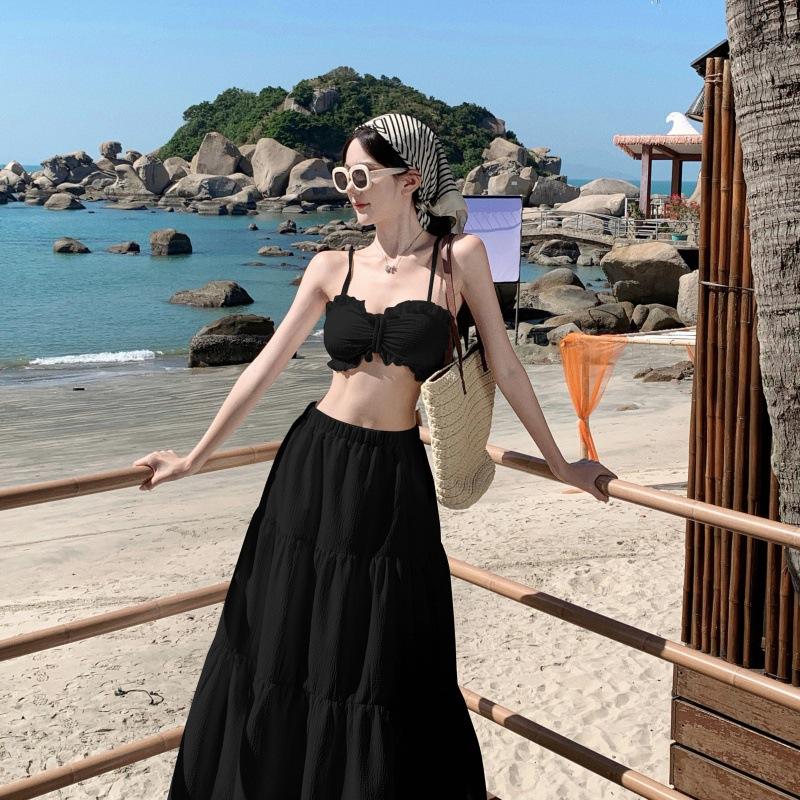 Bộ Đồ Hai Mảnh Cho Nữ, Áo Vest Có Dây Đeo Có Đệm, Váy Xếp Tầng Cạp Cao Bộ Váy Women Top 0