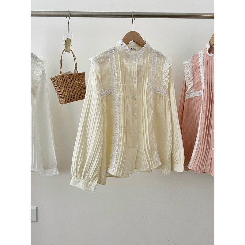 Áo sơ mi viên ren 4 màu chất đũi gân