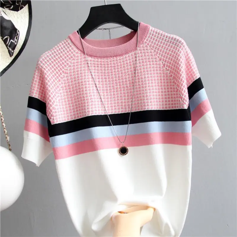 Women's Top Fashion Versatile Color Contrast Short Sleeved Summer New Loose Casual Pullover Knit