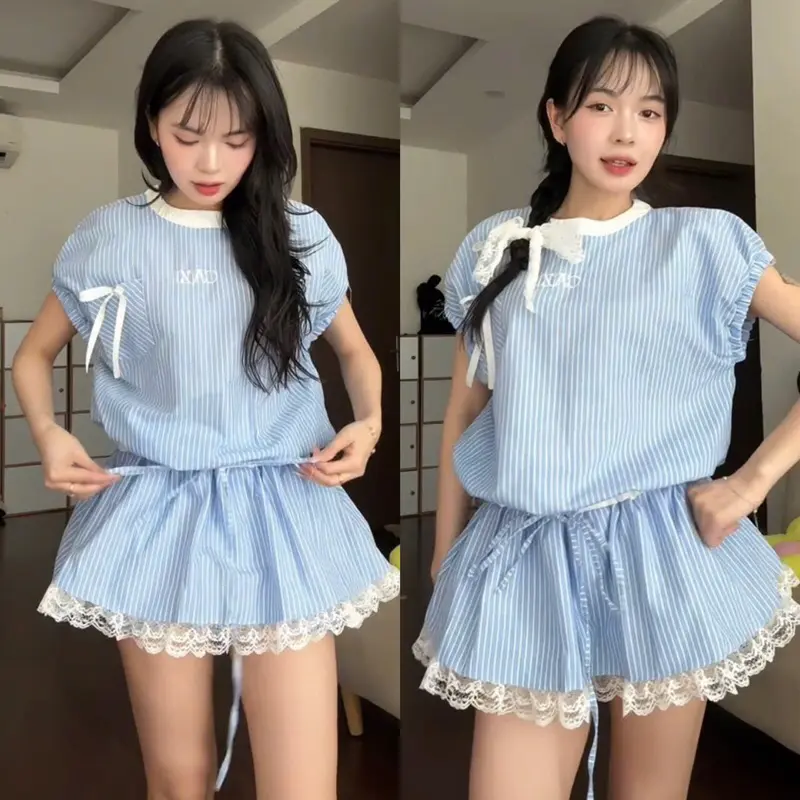 Set Jump CaZi kẻ xanh thêu chữ tay chun chân váy bèo phối ren có quần bảo hộ HB552 1