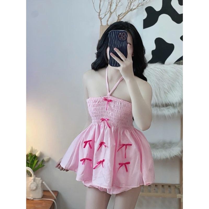 Set áo yếm nhún xoè đính nơ quần short bí Nữ Women Top 3