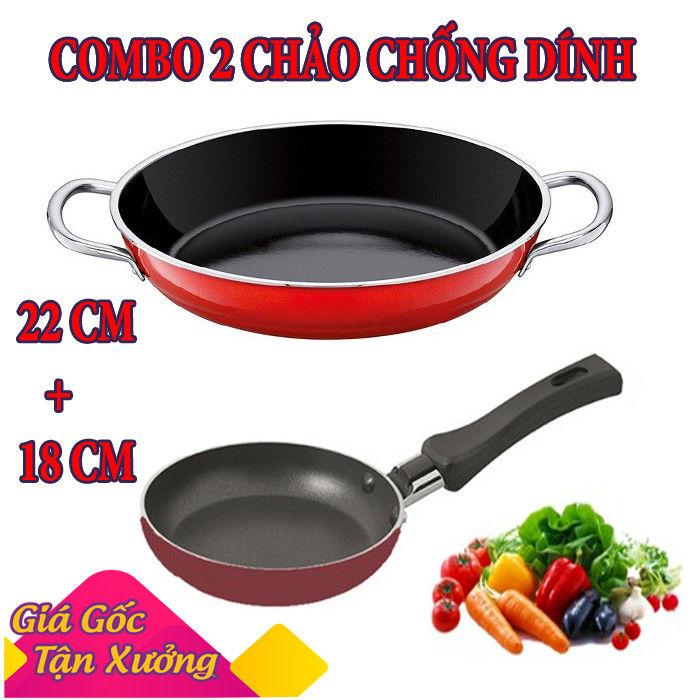 Chảo chống dính 2 quai 22 cm TẶNG kèm chảo tay cầm 18 cm cao cấp