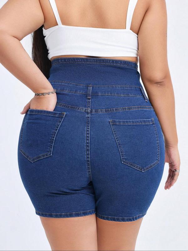【Plus Size】Solid Color Denim Shorts, Casual Comfy Button Fly Skinny Shorts for Daily Wear, Women's Bottoms for All Seasons 4