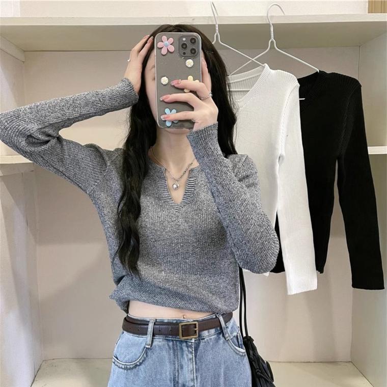 Đồ Len Cổ Chữ V, Dành Cho Nữ, Dáng Ôm, Thích Hợp Cho Mùa Thu Và Mùa Đông, Có Thể Mặc Bên Trong, Áo Sang Trọng Thiết Kế