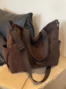 Bolso de mano moderno de pana, Bolso de hombro de gran capacidad de color liso para mujer para uso diario, Bolsa escolar informal para exteriores
