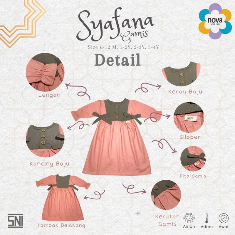 NOVA Pakaian Muslim Bayi dan Anak - Gamis Bayi Dan Anak Perempuan  6 Bulan - 4 Tahun ( 1 Pcs) - Syafana Gamis 6