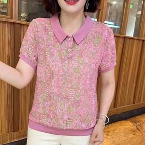 New Women Short Sleeve Lapel Top Mom Middle Age Polo Shirts Loose Premium Blouse Ladies Stand Collar T-Shirts