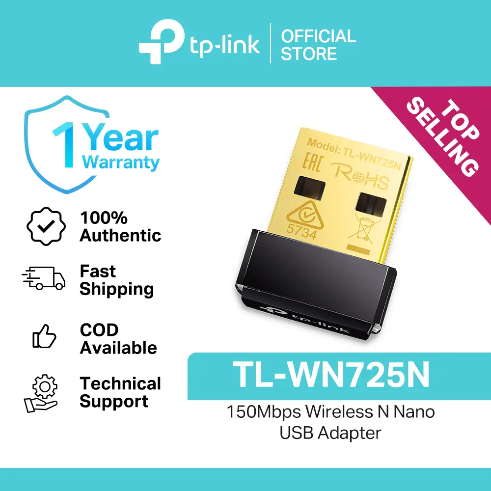 【OFFICIAL STORE】TP-Link USB WiFi Adapter for PC(TL-WN725N), 150Mbps Wireless N Network Adapter for Desktop - Nano Size WiFi Dongle for Windows 11/10/7/8/8.1/XP/ Mac OS 10.9-10.15 Linux Kernel 2.6.18-4.4.3, 2.4GHz Only,Wifi Receiver,TPLINK,TP LINK