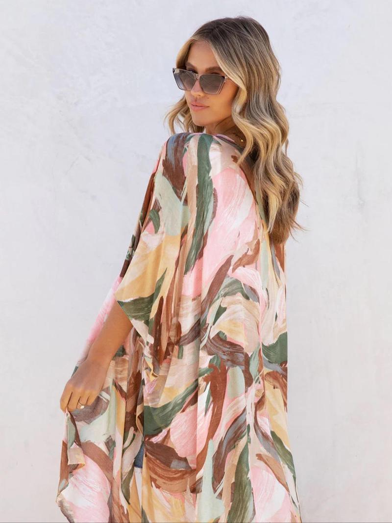 Product Introduction of Women's All Over Print Batwing Sleeve Kimono, Casual Open Front Split Side Kimono, Ladies Summer Swimwear for Beach Vacation Holiday, Summer Outfits 2024 2