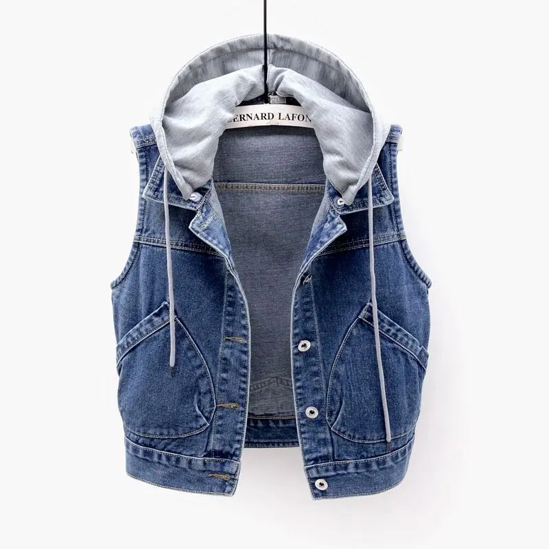 Áo Vest Denim Nữ, Có Mũ Trùm Đầu, Túi Lớn, Áo Khoác Không Tay Dễ Phối Đồ, Áo Len Mỏng, Áo Cardigan, Hàng Mới Về Mùa Xuân 2024 Top