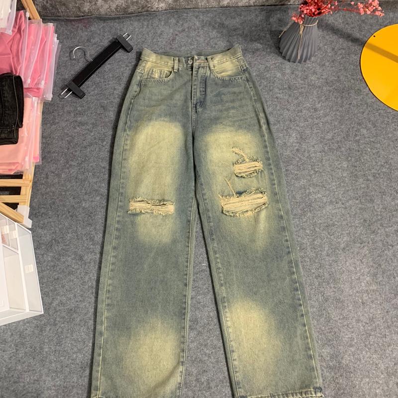 Quần jean suông rách gối bụi loang màu rêu vàng tông bụi 5645 ảnh chụp cam thường