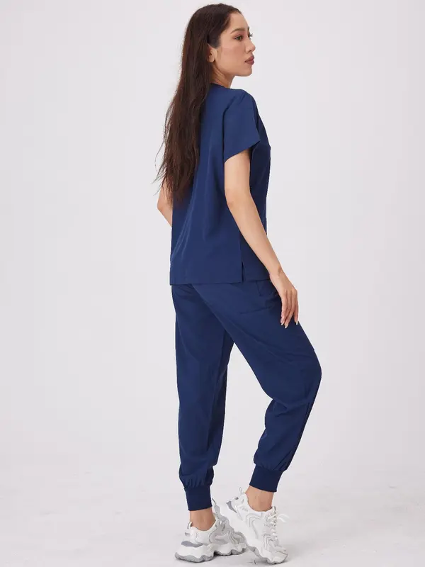 Women's Solid Color V Neck Pocket Top & Pants Workwear Set, Casual Comfy Breathable Two-piece Set for Daily Wear, Women's Workwear for All Seasons 6