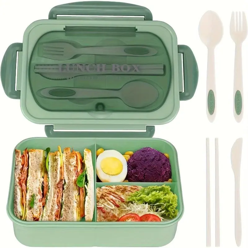 3-compartment Lunch Box with Cutlery, 1 Set Portable  Leak Proof Lunch Container, Lunch Box for School, Work & Outdoor Dining 6