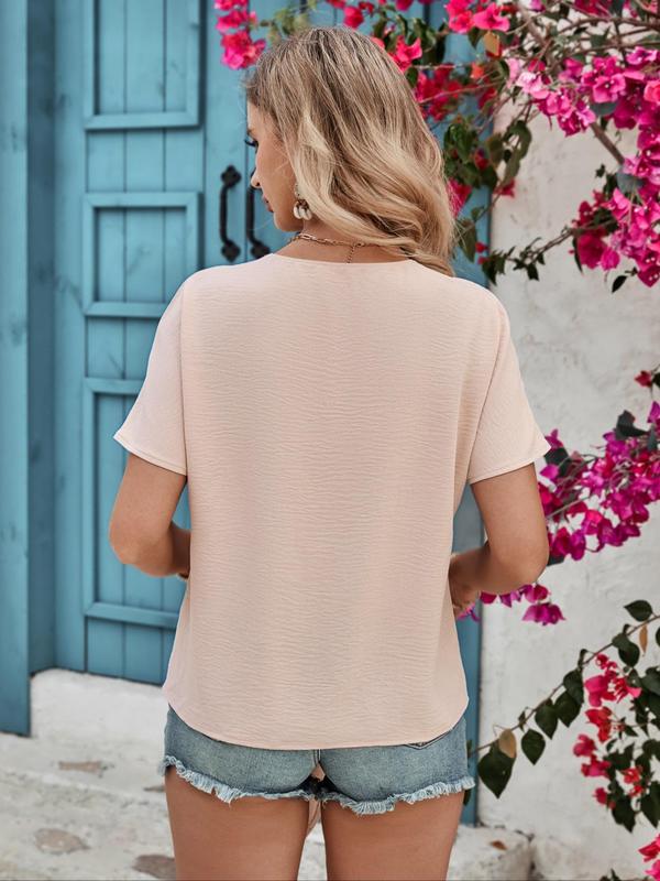 Women's Plain Half Button V Neck Blouse, Elegant Casual Curved Hem Top for Summer, Ladies Clothes for Daily Wear 1