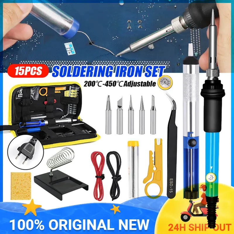 [Stock]15-in-1 soldering iron set 60W electric solder iron set display temperature adjustable electric soldering iron set portable repair soldering iron welding tools with solder tip tweezers tin wire