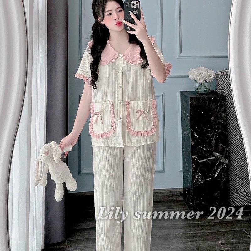 Combo (2 set) vải đũi gân , cổ tròn bèo 2 túi nơ, áo cộc quần dài (38-58kg) 2