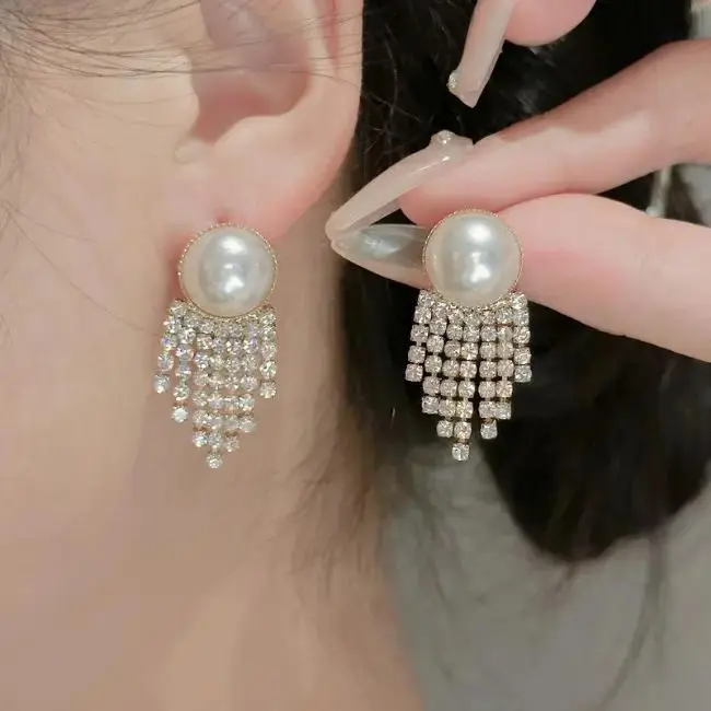 Anting Kancing Rumbai Mutiara Anting Menjuntai Mutiara Kristal 4