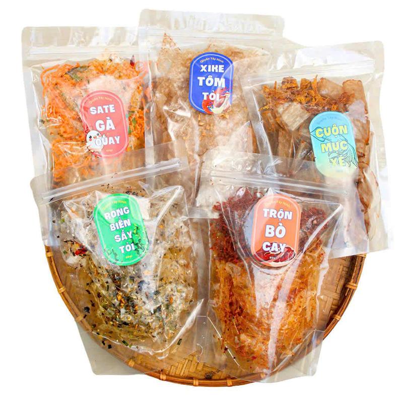  Set 5 Bịch Bánh Tráng Trộn Sẵn Xìke Tôm Tỏi- Trộn Bò Cay- Rong biển Sấy Tỏi- Sate Gà Quay-Cuộn Mực Xé | Quyên tây Ninh 