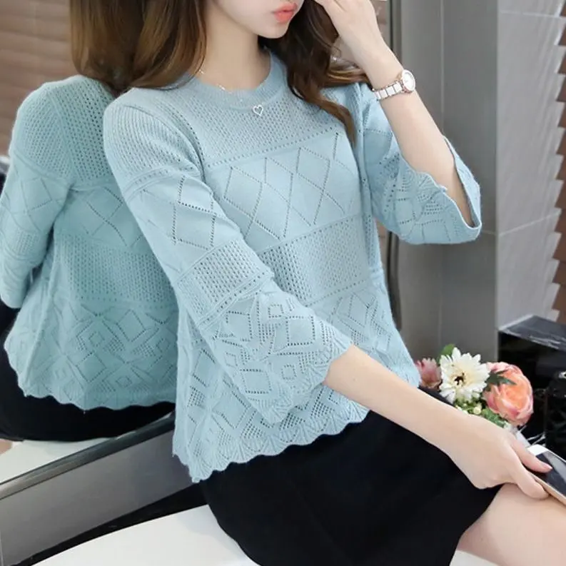 Áo Thun Áo Ngắn Áo Len Mỏng Cho Nữ, Tay Áo Ba Phần Tư, Áo Cánh Lụa Lạnh khoét Bộ Sưu Tập Xuân Hè Mới 2024, Dễ Phối Đồ Quần Áo Nữ Hợp Xu hướng