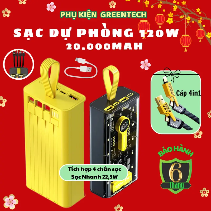 [20] SẠC DỰ PHÒNG 120W SẠC NHANH 22.5W 20.000MAH TÍCH HỢP 4 DÂY CÁP SẠC LIGHTNING -TYPEC - MICRO - PHÙ HỢP MỌI LOẠI THIẾT BỊ Titan 0