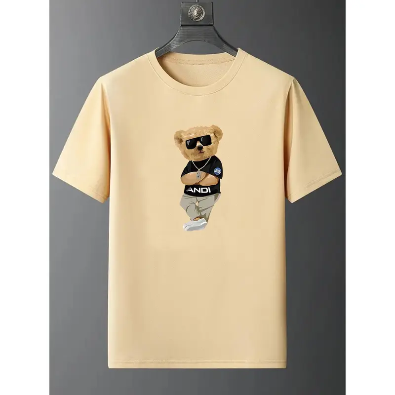 Kaos Penunjuk Arah Creative Cartoon Bear Graphic Print Crew Neck Short Sleeve T-shirt For Men, Breathable Comfy Summer Tops For Daily Wear Work Out And Vacation Resorts kaos  penunjuk 7