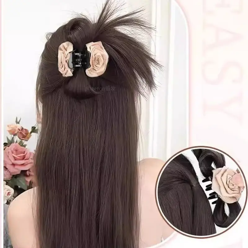 Tóc Giả Phong Cách Trung Quốc Cho Nữ, Tóc Nối Đuôi Ngựa Hình Quả Bóng Buộc Nửa, Kẹp Hoa Hồng, Tóc Giả Lọn Tóc Trông Tự Nhiên, Tóc Mái, Nhẹ Nhàng Và Dễ Phối Đồ Tóc Mô Phỏng, Hàng Mới Về 3