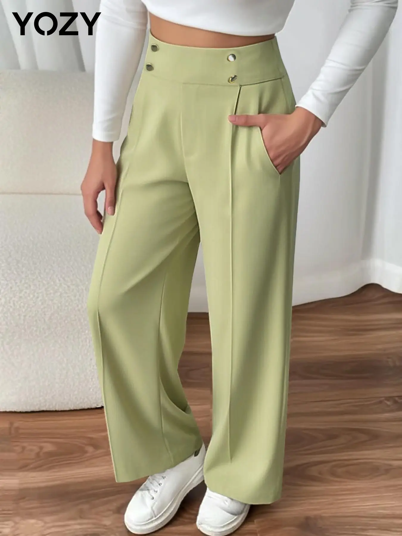 YOZY Women's Solid Color Pocket Design Straight Leg Pants, Casual Comfy Trousers for Daily Wear, Ladies Bottoms for All Seasons