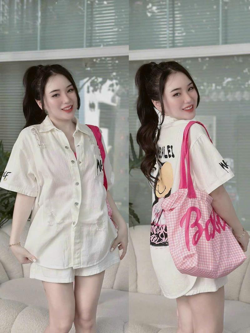 Product Introduction of Sét bộ kaki kèm quần Đùi lưng thun thời trang .Áo in hoạt hình thời trang nữ Ms 120 Kem Women Top Đen Trắng 1