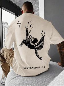 Camiseta unisex para hombre con cuello redondo y hombros caídos, estampado de ángel y letras, Camiseta holgada de manga corta con cuello redondo, Camiseta informal de verano para hombre