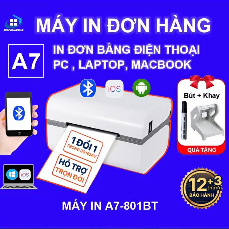Máy in đơn hàng | Máy in nhiệt Bluetooth 801BT khổ nhỏ A7~75x100mm Không dùng mực, in đơn các sàn TMĐT bằng Điện thoại, Máy tính. In phiếu gửi, tem nhãn. BH 15 tháng