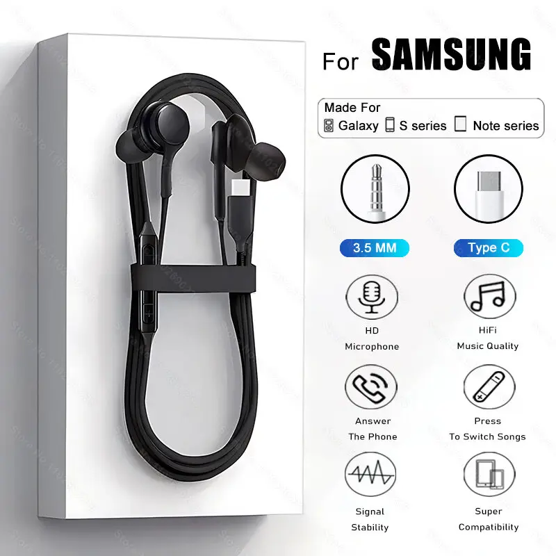Tai nghe có dây Type C, Chính hãng, dành cho Samsung Galaxy S23, S21, S22, Ultra, Plus và 3,5 mm, Tai nghe nhét tai nghe, Tương thích với A54, A34, A53, Phụ kiện
