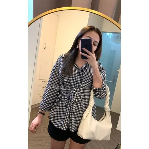 Alika Bow Shirt ( ikat samping )  Kemeja  Biru  Putih  Stripe  Kancing  Atasan  Wanita 0