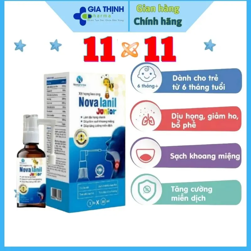 Xịt Họng Keo Ong Giảm Ho,Giảm Ngứa, Giúp Loãng Đờm Cho Bé Nova Lanil Junior, 30ml