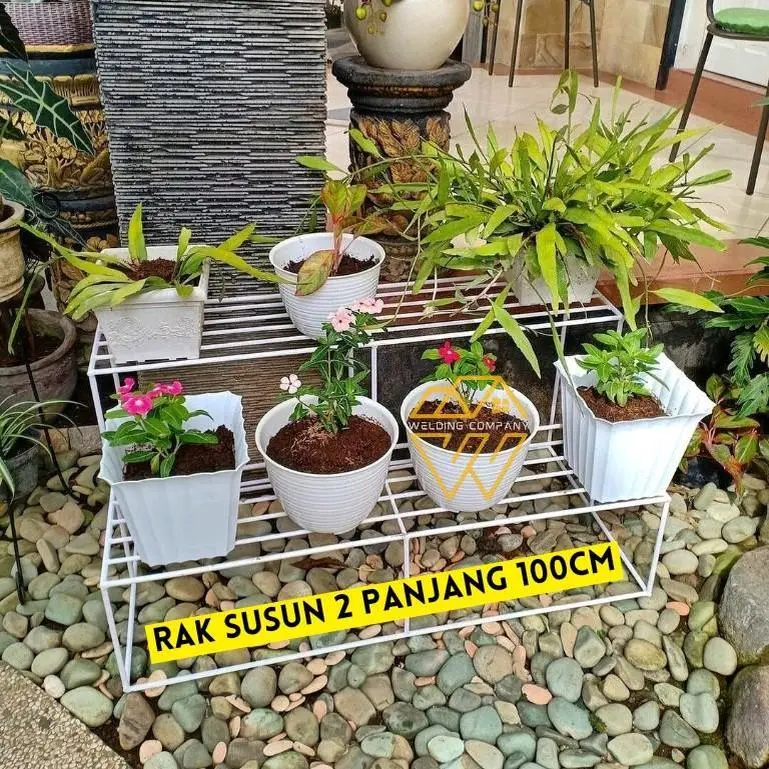 Rak Bunga Besi 2 Tingkat Susun Pot Bunga Standing Putih