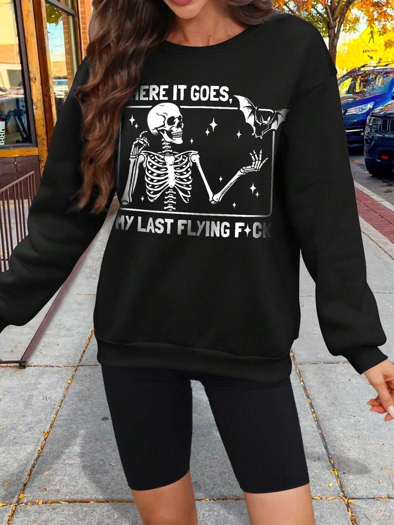 Product Introduction of Women's Skeleton & Letter Print Drop Shoulder Sweatshirt, Casual Long Sleeve Round Neck Pullover for Fall & Winter, Ladies Clothes for Daily Wear 1