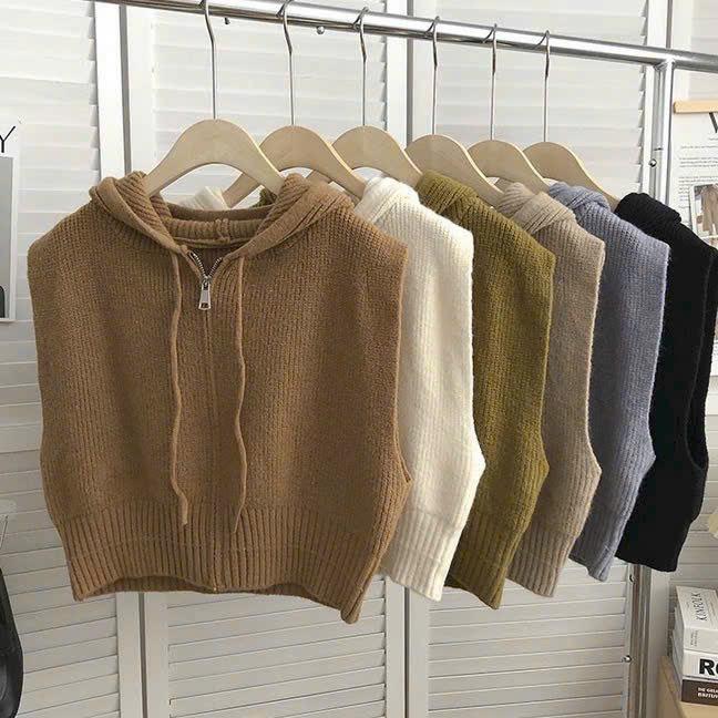 Áo gile len nữ có mũ dáng ngắn có khóa chất len dày mịn hàng QC 24.Feb Clothing Top Dệt